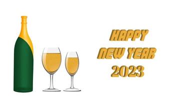 banner de feliz año nuevo 2023 creado con una botella de champán y objetos vectoriales de vidrio. vector