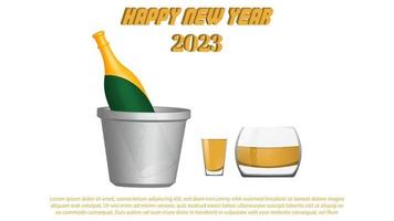 banner de feliz año nuevo 2023 creado con una botella de champán y objetos vectoriales de vidrio. vector