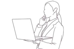 businesswoman with laptop thinking hand drawn style vector illustration