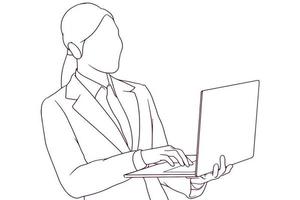 businesswoman working on a laptop hand drawn style vector illustration