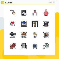 User Interface Pack of 16 Basic Flat Color Filled Lines of globe broken heart pipeline sewing heart people Editable Creative Vector Design Elements