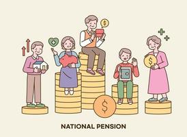 The elderly are sitting on the stacked coins with a smile. They are holding objects that symbolize wealth in their hands. vector