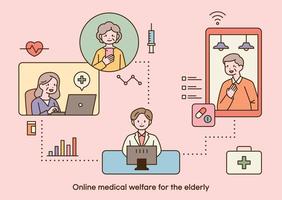 Elderly patients are receiving online non-face-to-face treatment. A doctor working on a computer and a patient on the screen connected to it. vector