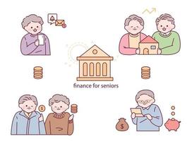 Old age money management. Grandpa and Grandma are saving money in the bank. outline simple vector illustration.