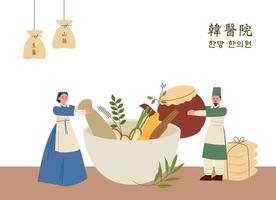 los médicos y las enfermeras de la dinastía joseon preparan hierbas medicinales en grandes tazones. vector