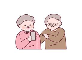 An elderly couple is having a conversation while using a smartphone. outline simple vector illustration.