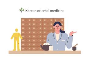 An oriental doctor is giving an explanation at the oriental clinic. She has a drawer with medicinal herbs behind her and a tool for making herbal medicines in front. vector