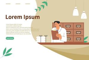 Clinic website. An oriental doctor is checking medicines in front of a chest of drawers. vector