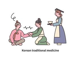 Los médicos de la dinastía Joseon están tratando a los pacientes. detrás de él hay una enfermera sosteniendo un tazón de farmacéutico. vector