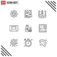 9 User Interface Outline Pack of modern Signs and Symbols of bank money drawing vintage analog Editable Vector Design Elements