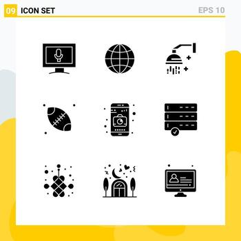 9 User Interface Solid Glyph Pack of modern Signs and Symbols of approve camera cosmetics application ball Editable Vector Design Elements