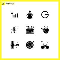 Mobile Interface Solid Glyph Set of 9 Pictograms of gift celebration mic cake talk Editable Vector Design Elements