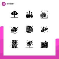 Editable Vector Line Pack of 9 Simple Solid Glyphs of sketch board camper wedding love Editable Vector Design Elements