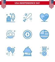 Pack of 9 creative USA Independence Day related Blues of maony american love food round Editable USA Day Vector Design Elements