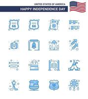 día de la independencia de estados unidos conjunto azul de 16 pictogramas de estados unidos de campana festival de estados unidos día americano fiesta de calabaza elementos de diseño de vector de día de estados unidos editables