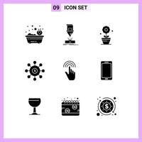 9 User Interface Solid Glyph Pack of modern Signs and Symbols of finger seeding steel connection dollar Editable Vector Design Elements