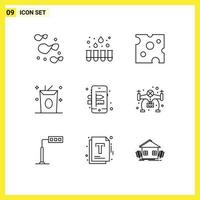 paquete de 9 signos y símbolos de contornos modernos para medios de impresión web, como pasatiempos, alimentos creativos, alimentos móviles, elementos de diseño de vectores editables