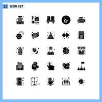 Pack of 25 creative Solid Glyphs of camera danish caterpillar vehicles currency lift truck Editable Vector Design Elements