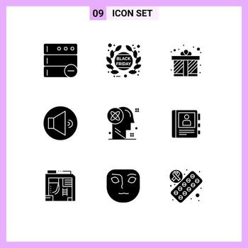 Group of 9 Modern Solid Glyphs Set for processing user gift volume sound Editable Vector Design Elements