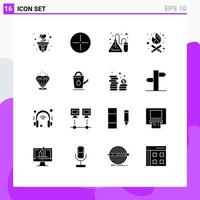 Pack of 16 Modern Solid Glyphs Signs and Symbols for Web Print Media such as expensive diamound experiment party time bonfire Editable Vector Design Elements