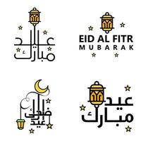 feliz de eid paquete de 4 tarjetas de felicitación de eid mubarak con estrellas brillantes en el festival de la comunidad musulmana de caligrafía árabe vector