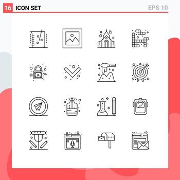 16 Universal Outlines Set for Web and Mobile Applications padlock play gallery game house Editable Vector Design Elements