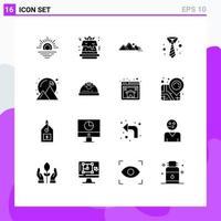 Mobile Interface Solid Glyph Set of 16 Pictograms of goal achieved nature clothing suit Editable Vector Design Elements