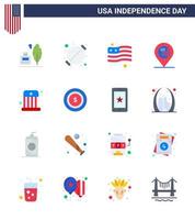 Happy Independence Day 4th July Set of 16 Flats American Pictograph of entertainment sign party map american Editable USA Day Vector Design Elements