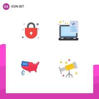 Flat Icon Pack of 4 Universal Symbols of lock map device laptop usa Editable Vector Design Elements