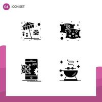 Pack of 4 creative Solid Glyphs of beach coding play sleep mobile Editable Vector Design Elements