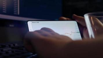 Bitcoin cryptocurrency price graph chart on mobile phone screen, cryptocurrency future price prediction concept video