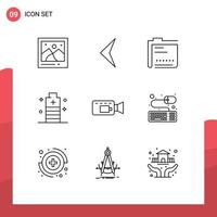 User Interface Pack of 9 Basic Outlines of cam power content essential battery Editable Vector Design Elements