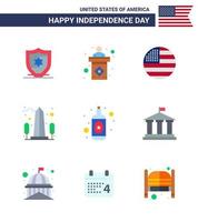 Happy Independence Day Pack of 9 Flats Signs and Symbols for bottle washington flag usa monument Editable USA Day Vector Design Elements