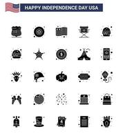 Happy Independence Day Pack of 25 Solid Glyph Signs and Symbols for food burger flag television movies Editable USA Day Vector Design Elements