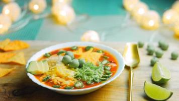 Mexican soup with three kinds of cheese. Royal soup with added avocado and peanuts with vasabi. I use romantic entourage and gold spoon video