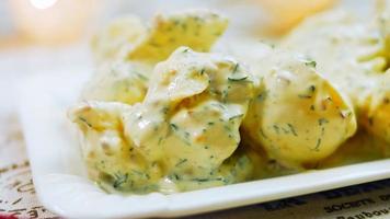 Such a tender potato salad with mastard, mayonnaise, red onion and dill. Wath the recipe in video