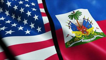 Vista de primer plano de bandera fusionada de estados unidos de américa y haití ondeando en 3d foto