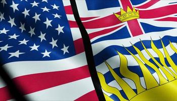 3D Waving United States of America and British Columbia Merged Flag Closeup View photo