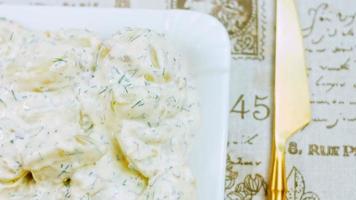 Such a tender potato salad with mastard, mayonnaise, red onion and dill. Wath the recipe in video