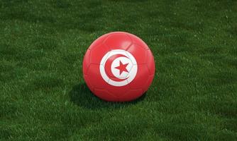 Soccer ball with Tunisia flag colors at a stadium on green grasses background. 3D illustration. photo