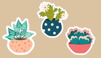 House plants stickers. Set of hygge tropical patee succulent plants stickers. Cozy lagom style collection of plants in cartoon style. Hand draw vector bundle.