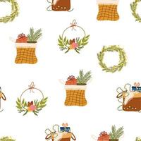 Christmas elements seamless pattern. Winter Background, kids wallpaper for fabric, textile, clothes, paper, fabric, scrapbooking, planner. New Years traditional holidays symbol. Vector illustration