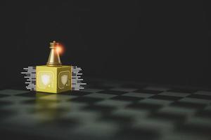 The golden chess piece standing alone on wood block with shield icons around on dark background. photo