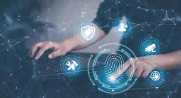 Hand touch fingerprint with virtual global with cyber security, Login, User, identification information security and encryption, secure access to users personal information, secure Internet access, photo