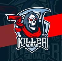 logotipo de esport de la mascota del segador de la cabeza del cráneo del asesino para juegos y tatuajes de arte vector