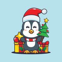 Cute penguin holding star and christmas tree. Cute christmas cartoon illustration. vector