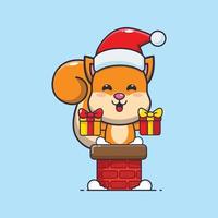 Cute squirrel with santa hat in the chimney. Cute christmas cartoon illustration. vector