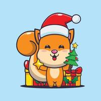 Cute squirrel holding star and christmas tree. Cute christmas cartoon illustration. vector