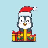 lindo pingüino con regalo de navidad. linda ilustración de dibujos animados de navidad. vector