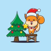 Cute squirrel taking star from christmas tree. Cute christmas cartoon illustration. vector